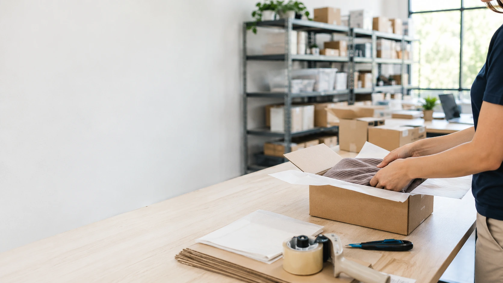 E-commerce fulfilment workspace with an order being packed for shipment