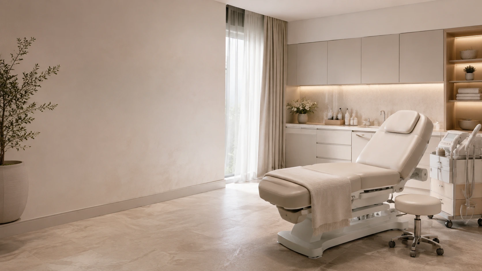 Warm modern Med Spa treatment room with an adjustable treatment bed