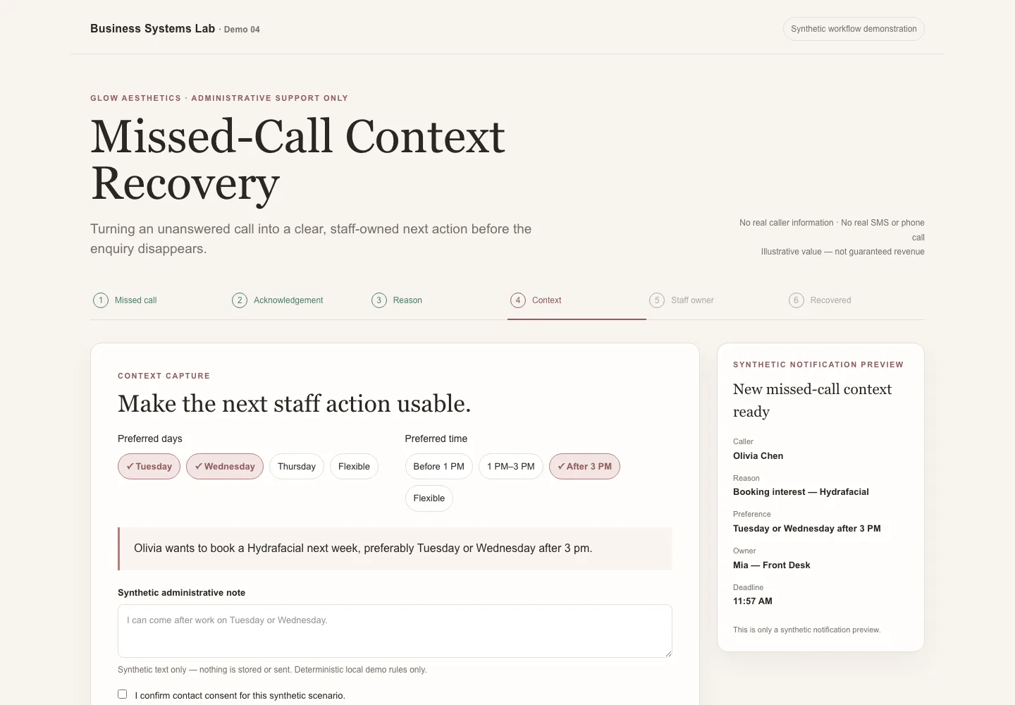 Missed-Call Context Recovery demonstration showing captured booking reason, timing and staff owner